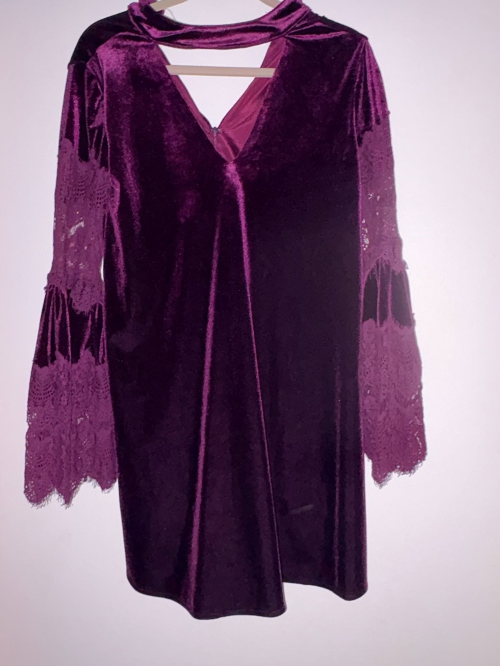 Velvet Lace-Sleeve Shift Dress - Deep Plum